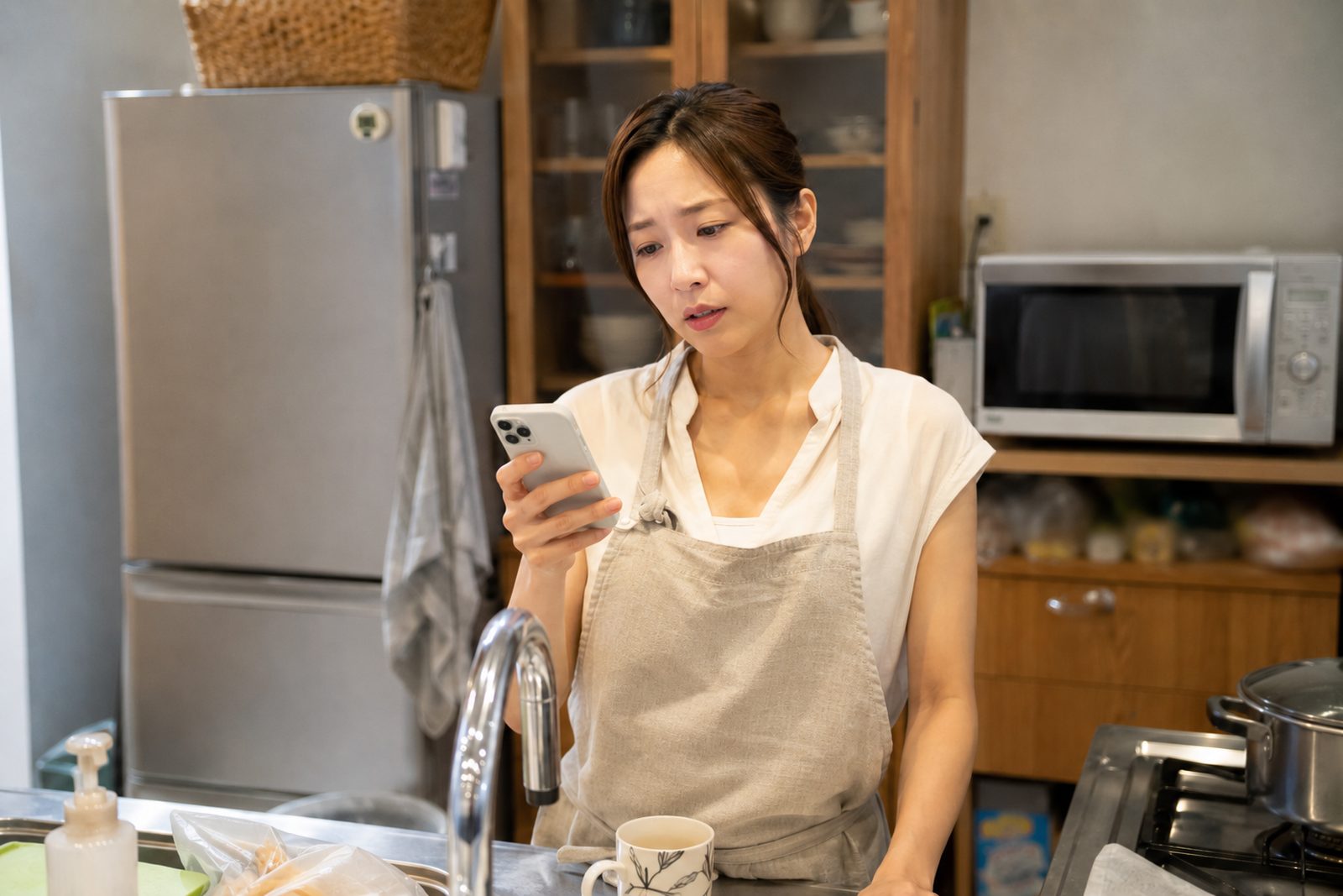 キッチンでスマホを見ながらレシピを探す女性